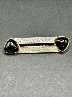 VTG DSCo Swarovski Gold Tone Crystal Black Onyx Enamel Bar Brooch Pin